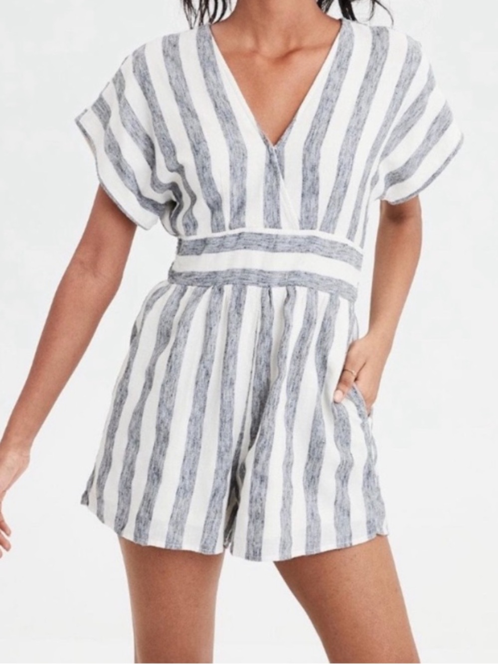 American Eagle Outfitters Striped Romper Gray White Size S